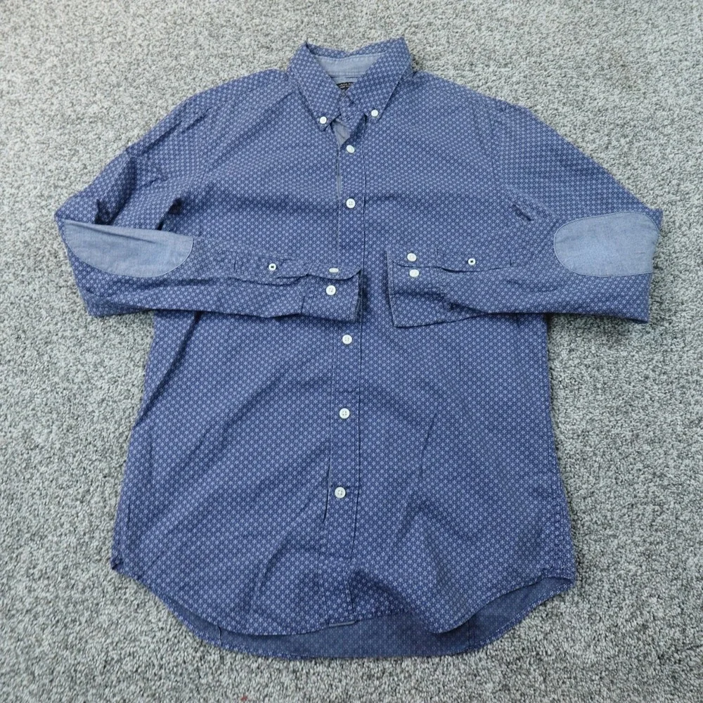 Banana Republic Shirt Mens M Blue Floral Geometric Denim Elbow Patch Button Up